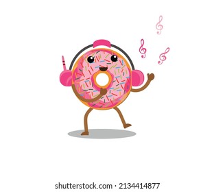 Donuts with pink sprinkles isolated on white. Cute happy cartoon donut dance character with happy face and playing music. Delicious donuts with big colorful messes with big round holes in them.