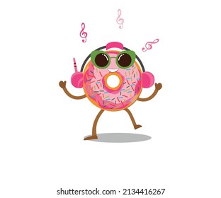 Donuts with pink sprinkles isolated on white. Cute happy cartoon donut dance character with sun glasses and playing music. Delicious donuts with big colorful messes with big round holes in them.