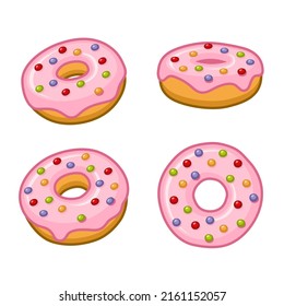 Donuts with Pink Topping Icon Set on White Background. Vector