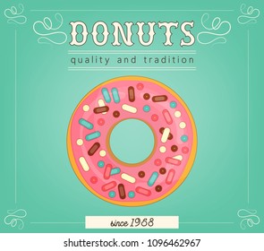 Donuts Poster Template. Advertising for Bakery and Pastry Shop. Retro Design. Vector Illustration.
