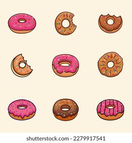 Donuts Premium Illustration Vector Drawn Design Set. Yummy delicious Cartoon Cafe Pink Happy Birthday Donuts Hi-Quality Minimal Holiday Food Vector Element.