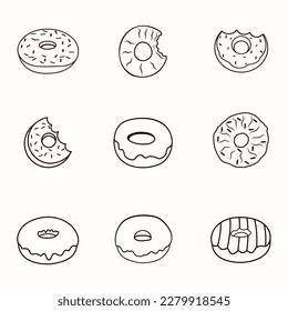 Colecciones de diseño dibujadas por vectores de ilustración premium Donuts. Un delicioso café de caricaturas Pink Happy Birthday Donuts Hi-Quality Minimal Holiday Food Vector Set.