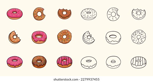 Donuts Premium Illustration Vector Drawn Design Set. Sugar Calories Doughnut Minimal Cafe Candy Pink Art, Food With Element And Isolated, Vector Design.
