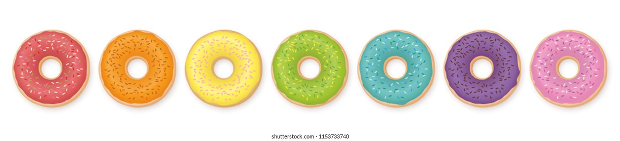 Donuts. Rainbow colored set of seven donuts. Isolated vector illustration on white background.