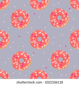 Donuts with red glaze and little hearts for St. Valentine's day seamless pattern