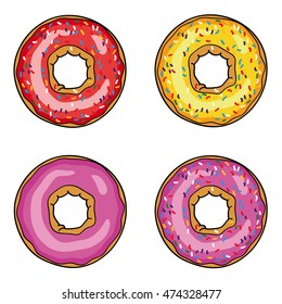 Donuts with red, yellow and pink glaze. Donuts with powder. Donut set isolated on a white background. Vector picture with donut. Vector illustration.