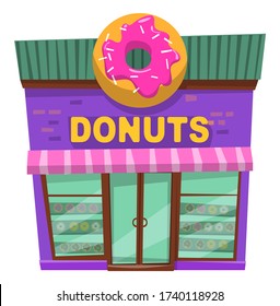 Donuts restaurant construction in purple color with panoramic windows. Bakery shop building with donut logo on roof. Brick architecture with cake logotype. Retail of sweet dish in store vector