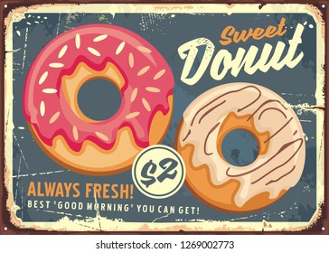 Donuts retro commercial sign design. Vintage sign board for bakery or candy shop.
