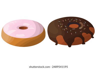 Donuts. Round buttery sweet pastries decorated with confectionery pamada. Delicious national American dessert. Vector.