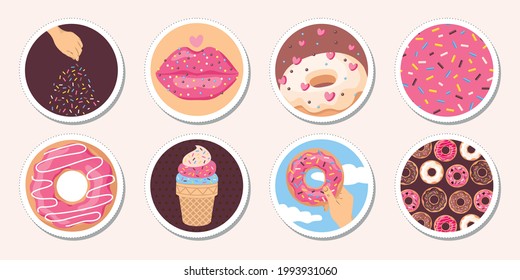 Donuts of round stickers set: donuts, patterns, hands, sprinkles, icing. Vector.