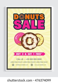 Donuts Sale with Special Offer, Creative Poster, Banner or Flyer with sweet donuts for Bakery Shop, Cafe and Restaurants etc.