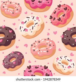 Donuts seamless background. Cream, pink, chocolate colors.