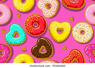 Donuts seamless background. Flat design, vector illustration