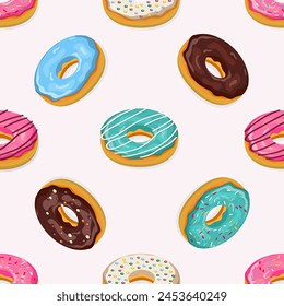 Donuts seamless isometric pattern. Cute sweet food baby background. Colorful design for textile, wallpaper, fabric, decor. Template for design. Vector illustration in flat style