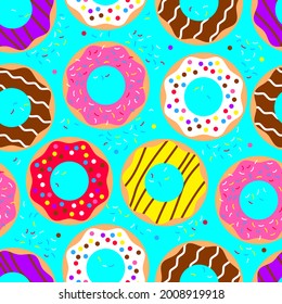 Donuts seamless pattern. American sweet food, dessert. Top view doughnuts collection into glaze for menu design, cafe decoration, delivery box.