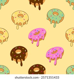 Donuts seamless pattern background. Donuts illustration pattern. Donuts background. Perfect for fabric, textile, wallpaper, decor, print or packaging. SSTKbackgrounds