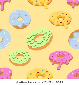 Donuts seamless pattern background. Donuts illustration pattern. Donuts background. Perfect for fabric, textile, wallpaper, decor, print or packaging. SSTKbackgrounds