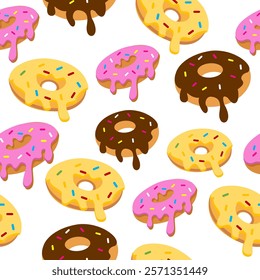 Donuts seamless pattern background. Donuts illustration pattern. Donuts background. Perfect for fabric, textile, wallpaper, decor, print or packaging. SSTKbackgrounds