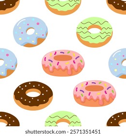 Donuts seamless pattern background. Donuts illustration pattern. Donuts background. Perfect for fabric, textile, wallpaper, decor, print or packaging. SSTKbackgrounds