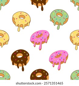 Donuts seamless pattern background. Donuts illustration pattern. Donuts background. Perfect for fabric, textile, wallpaper, decor, print or packaging. SSTKbackgrounds