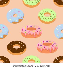 Donuts seamless pattern background. Donuts illustration pattern. Donuts background. Perfect for fabric, textile, wallpaper, decor, print or packaging. SSTKbackgrounds