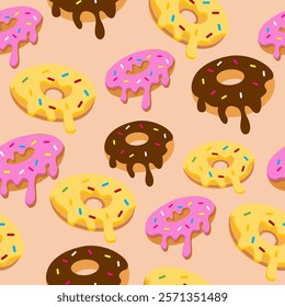 Donuts seamless pattern background. Donuts illustration pattern. Donuts background. Perfect for fabric, textile, wallpaper, decor, print or packaging. SSTKbackgrounds