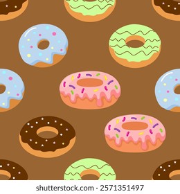 Donuts seamless pattern background. Donuts illustration pattern. Donuts background. Perfect for fabric, textile, wallpaper, decor, print or packaging. SSTKbackgrounds