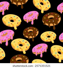 Donuts seamless pattern background. Donuts illustration pattern. Donuts background. Perfect for fabric, textile, wallpaper, decor, print or packaging. SSTKbackgrounds