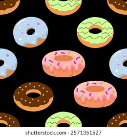 Donuts seamless pattern background. Donuts illustration pattern. Donuts background. Perfect for fabric, textile, wallpaper, decor, print or packaging. SSTKbackgrounds