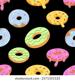 Donuts seamless pattern background. Donuts illustration pattern. Donuts background. Perfect for fabric, textile, wallpaper, decor, print or packaging. SSTKbackgrounds