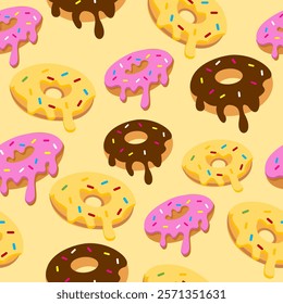 Donuts seamless pattern background. Donuts illustration pattern. Donuts background. Perfect for fabric, textile, wallpaper, decor, print or packaging. SSTKbackgrounds