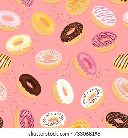 Donuts seamless pattern. Cartoon donuts vector, mixed donuts and pink background.