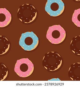 Donuts seamless pattern with chocolate background. Sweets and bakeries concept illustration.
