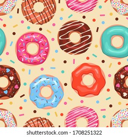 Donuts seamless pattern. Colored doughnuts assorted, american sweet food. Design for fabric print, bakery sticker cartoon vector dessert texture