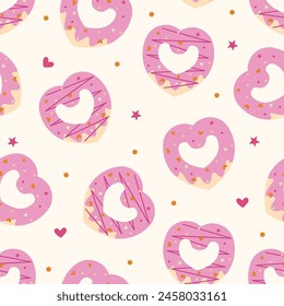 Patrón sin fisuras de donuts, patrón en forma de donuts de corazón lindo. patrón sin fisuras de San Valentín. Diseño colorido para textil, Fondo de pantalla, tela, decoración.