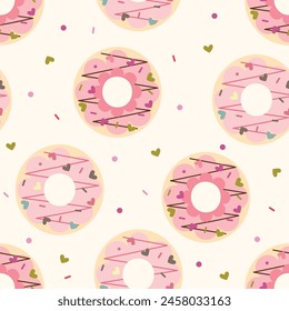 Patrón sin fisuras de donuts, patrón en forma de donuts de corazón lindo. patrón sin fisuras de San Valentín. Diseño colorido para textil, Fondo de pantalla, tela, decoración.