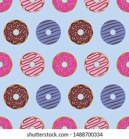 Donuts seamless pattern. Cute sweet food background. Colorful design for textile, wallpaper, fabric, decor.