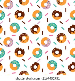 Donuts seamless pattern. Cute sweet food baby background. Colorful design for textile, wallpaper, fabric, decor. Template for design. Vector illustration in flat style 