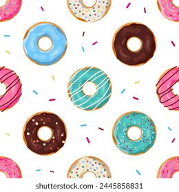 Donuts seamless pattern. Cute sweet food baby background. Colorful design for textile, wallpaper, fabric, decor. Template for design. Vector illustration in flat style