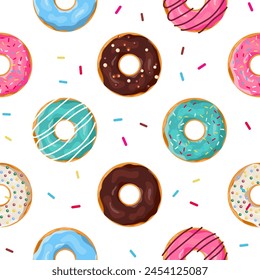 Donuts seamless pattern. Cute sweet food baby background. Colorful design for textile, wallpaper, fabric, decor. Template for design. Vector illustration in flat style