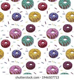 donuts seamless pattern. Design of fabric, curtains, napkins. beautiful card with food. sweets, dessert. Glaze, pastry topping. With lemon, berry, chocolate flavor. Summer, spring. vector eps 10