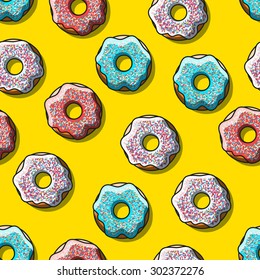 donuts seamless pattern of detailed  on yellow background. Clothing design. 