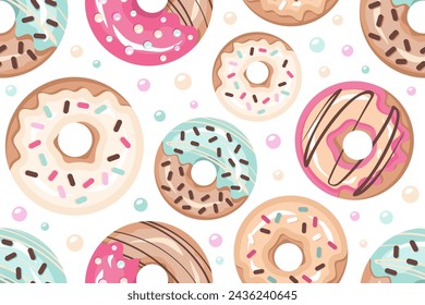 Donuts seamless pattern. Different Doughnuts with color sugar glaze, sprinkling. Tasty fried luscious rolls with pink, cream, chocolate frosting. Vector illustration for wallpapers, textile, print