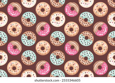 Donuts seamless pattern. Different Doughnuts with color sugar glaze, sprinkling. Tasty fried luscious rolls with pink, cream, chocolate frosting. Vector illustration for wallpapers, textile, print	
