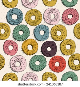 Donuts seamless pattern in doodle design. Cartoon style. Vintage. Vector illustration.