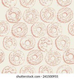 Donuts seamless pattern in doodle design. Cartoon style. Vintage. Vector illustration.