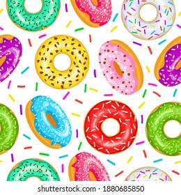 Donuts seamless pattern for fabric, wrapping paper, wallpaper, background for the site. A pattern of bright, multi colored donuts in glaze on a white background.