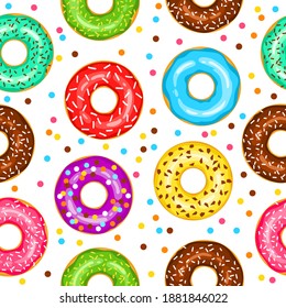 Patrón sin fisuras para tela, papel de envoltura, papel pintado, fondo para el sitio. Un patrón de donuts brillantes y multicolores en un fondo blanco.