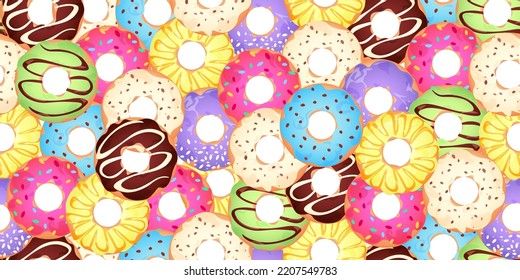 Patrón sin fisuras para tela, papel de envoltura, papel tapiz, fondo del sitio web. Patrón de donuts coloridos y brillantes en el cristal sobre un fondo blanco. Ilustración vectorial de la comida dulce.