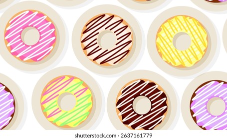 Donuts seamless pattern for fabric, wrapping paper, wallpaper, website background. Pattern of bright colorful donuts in glaze on a white background. Sweet food vector illustration.